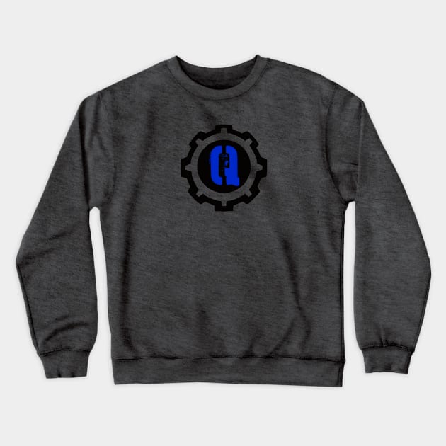 Blue Letter Q in a Black Industrial Cog Crewneck Sweatshirt by MistarCo